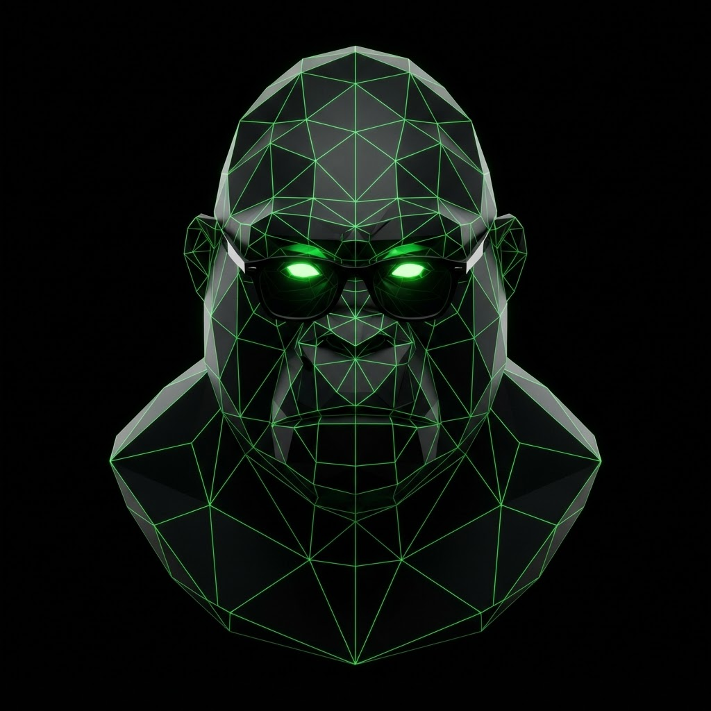 Low-poly wireframe gorilla head with glowing eyes