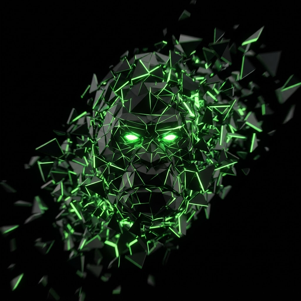 Low-poly gorilla head shattering into shards